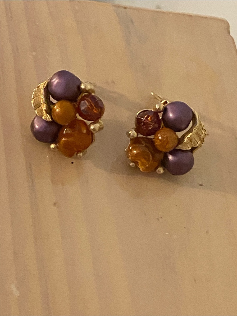 Vintage 1950s ART Beaded Cluster Clip On Earrings Orange Purple Autumn Cha Cha
